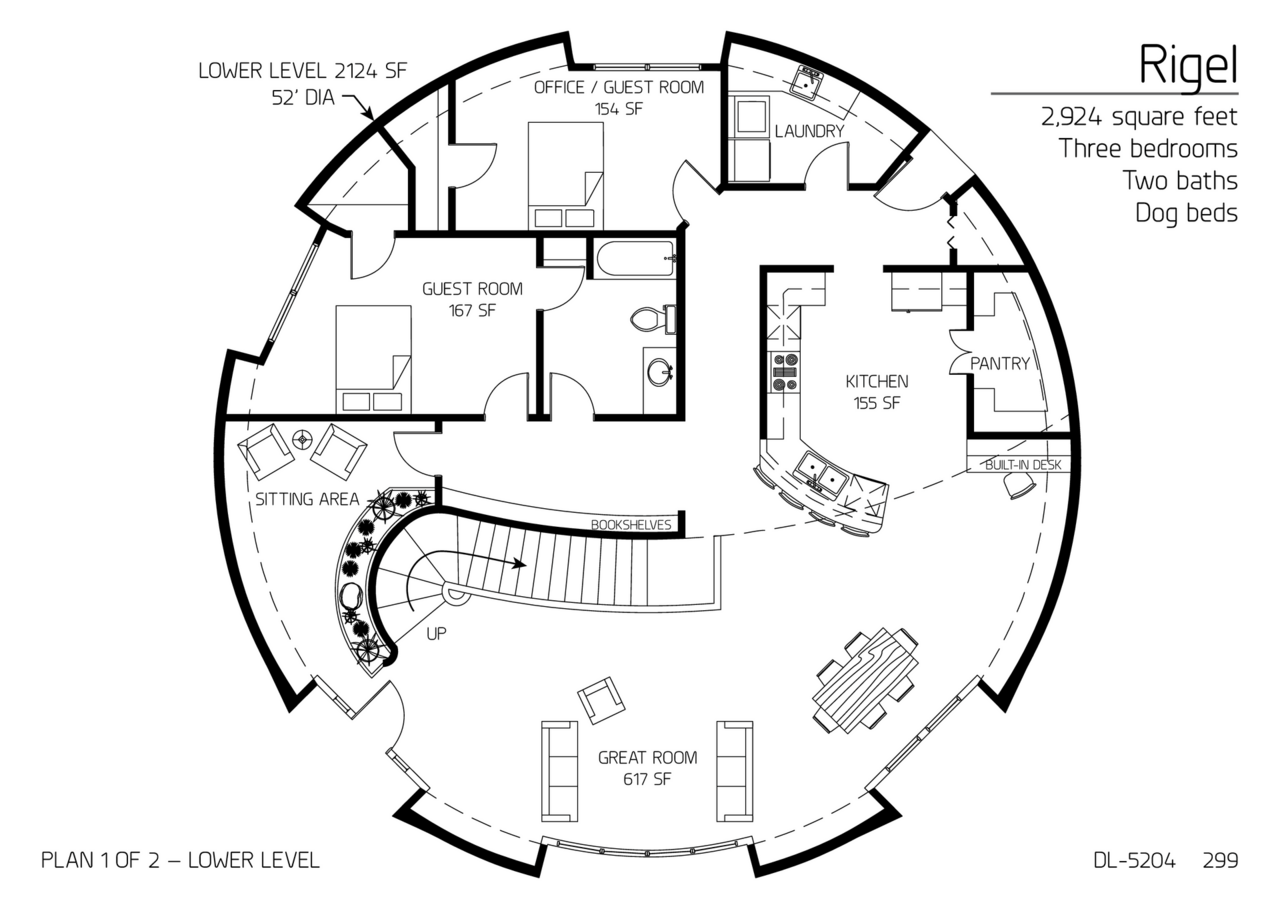 Rigel: Main Floor of 52' Diameter, 2,924 SF, Three-Bedroom, Two-Bath Floor Plan.