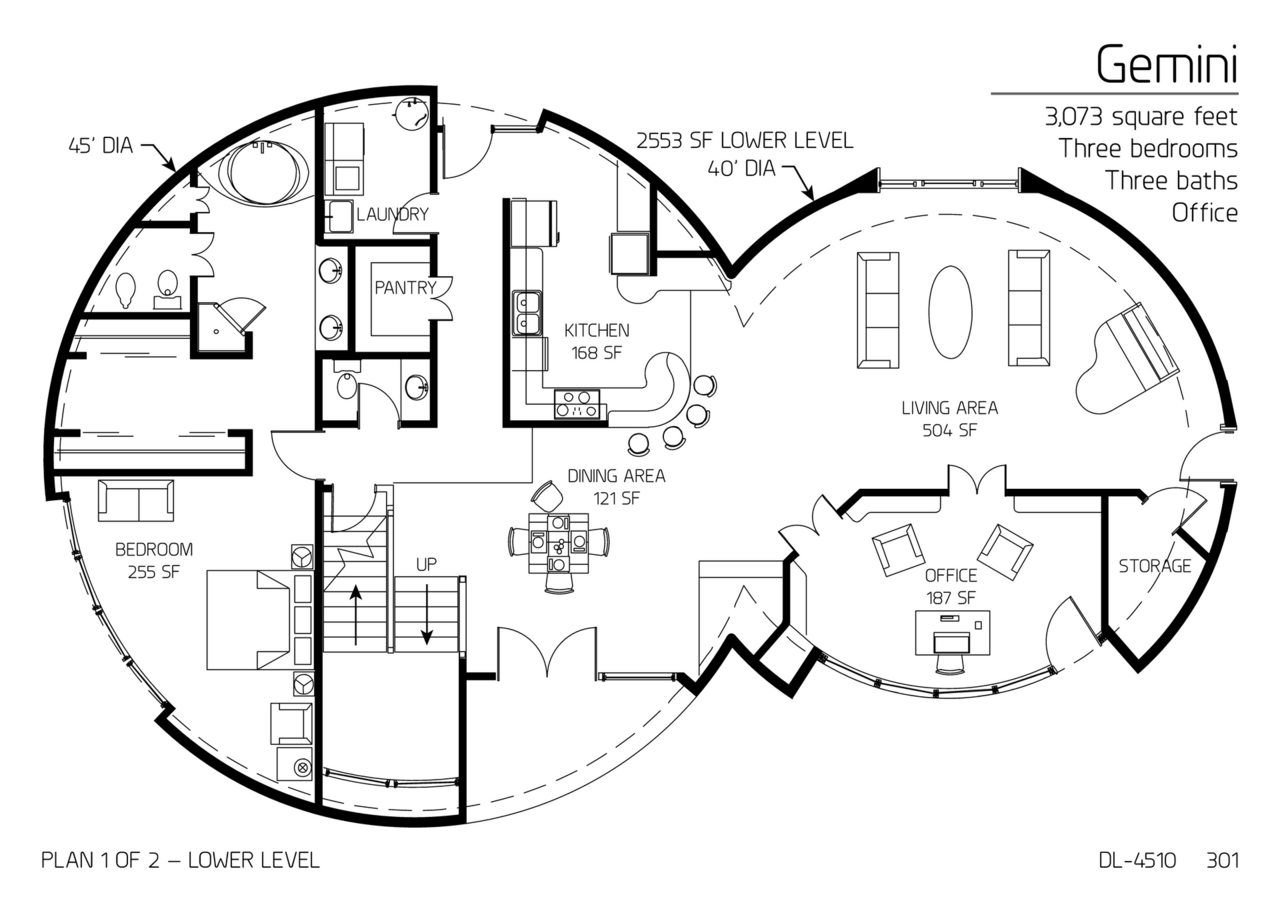 Gemini:  The Main Floor of a 45' and 40' Diameter Double Dome, 1,686 SF, Three-Bedroom, Two-Bath Floor Plan.