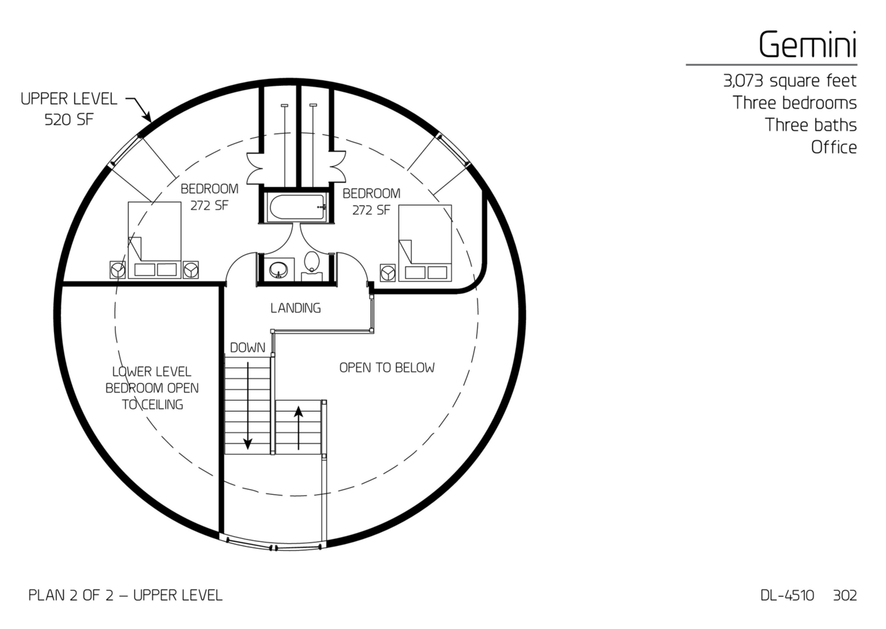 Gemini:  The Upper Floor of a 45' and 40' Diameter Double Dome, 1,686 SF, Three-Bedroom, Two-Bath Floor Plan.