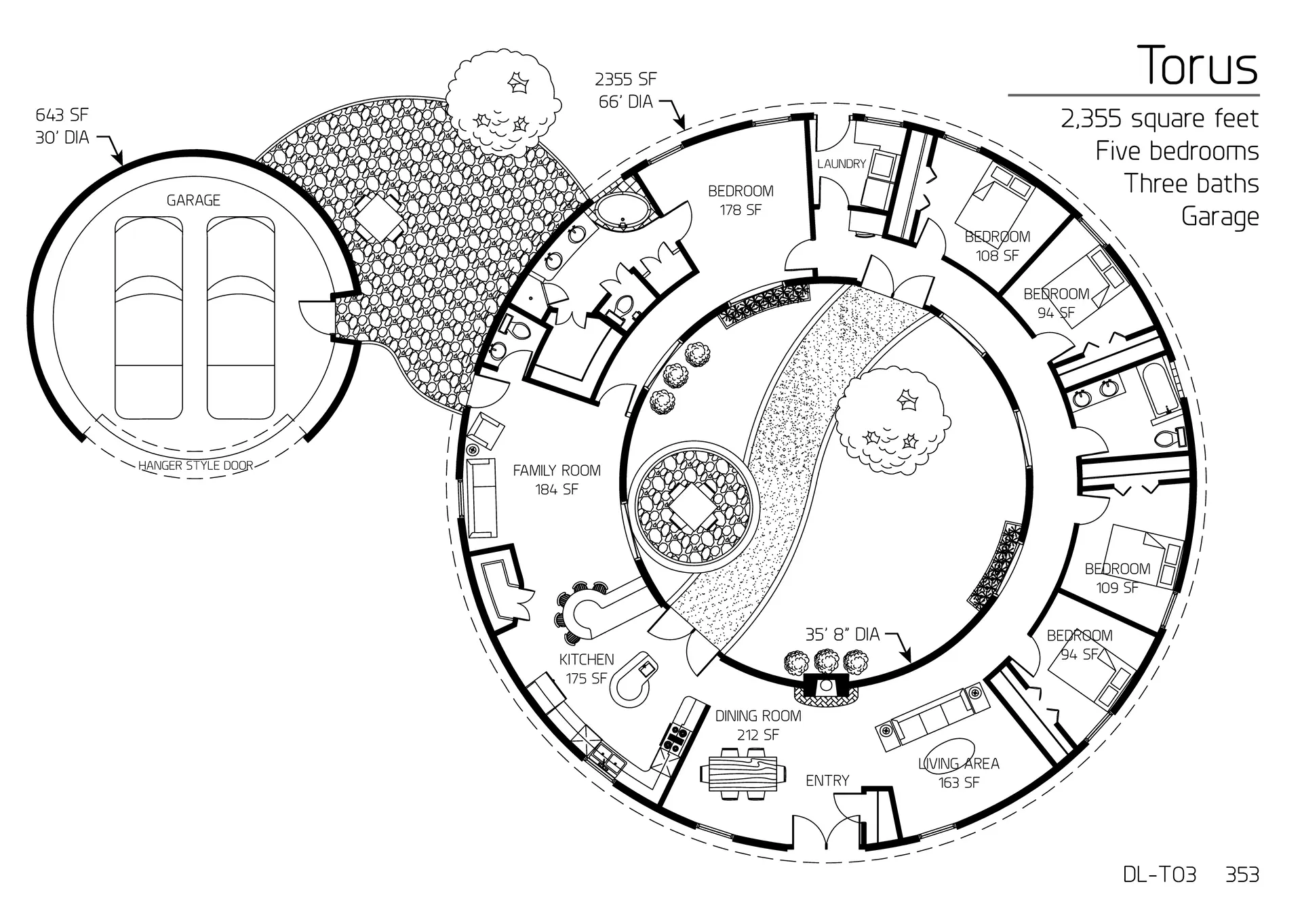 Torus: 66' Outside Diameter, 2,355 SF, Five-Bedroom, Two and a Half-Bath, Floor Plan with Courtyard.