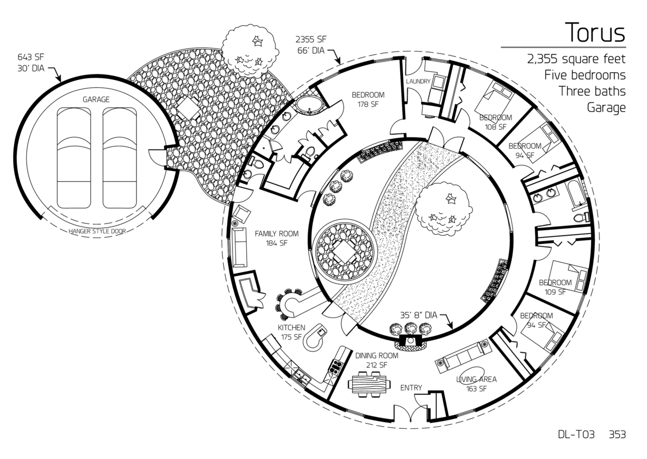 Torus: 66' Outside Diameter, 2,355 SF, Five-Bedroom, Two and a Half-Bath, Floor Plan with Courtyard.