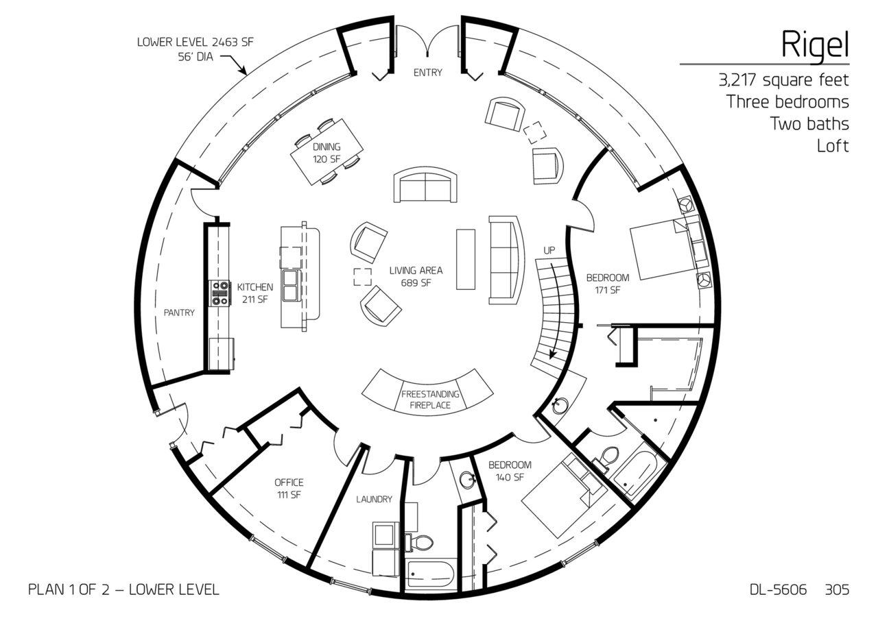 Rigel: Main Floor of a 56' Diameter, 3,217 SF, Three-Bedroom, Two-Bath Floor Plan.
