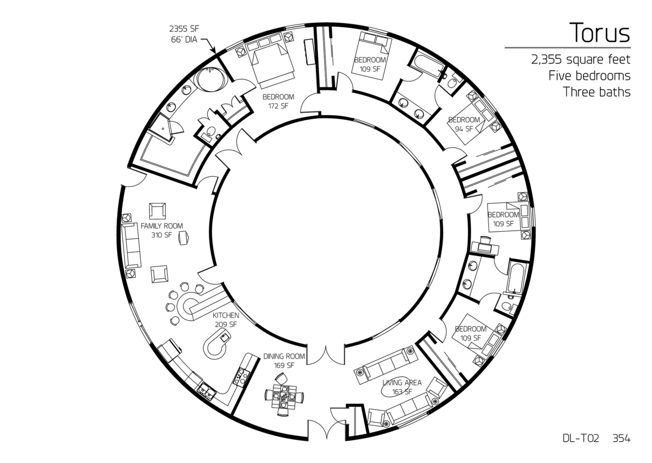 Torus: 66' Outside Diameter, 2,355 SF, Five-Bedroom, Three-Bath, Floor Plan with Courtyard.