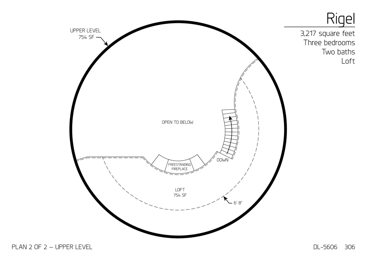 Rigel: Upper Floor of a 56' Diameter, 3,217 SF, Three-Bedroom, Two-Bath Floor Plan.