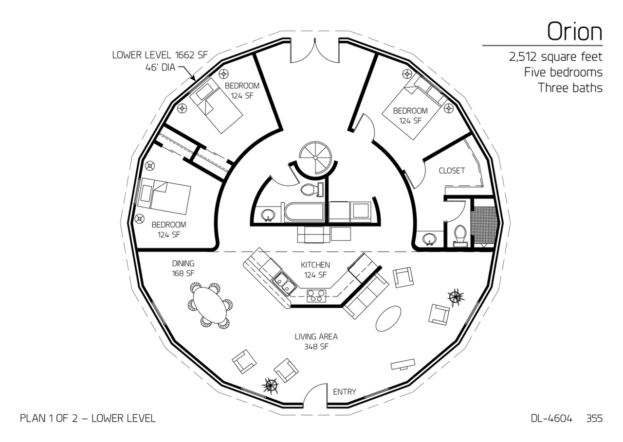 Orion: Main Floor of a 46' Diameter, 2,512 SF, Five-Bedroom, Three-Bath Floor Plan.