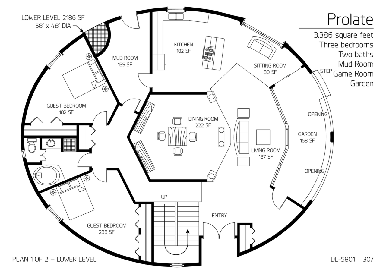 Prolate: Main Floor of a 58'x48' Diameter, 3,386 SF, Three Bedroom, Two-Bath Floor Plan.