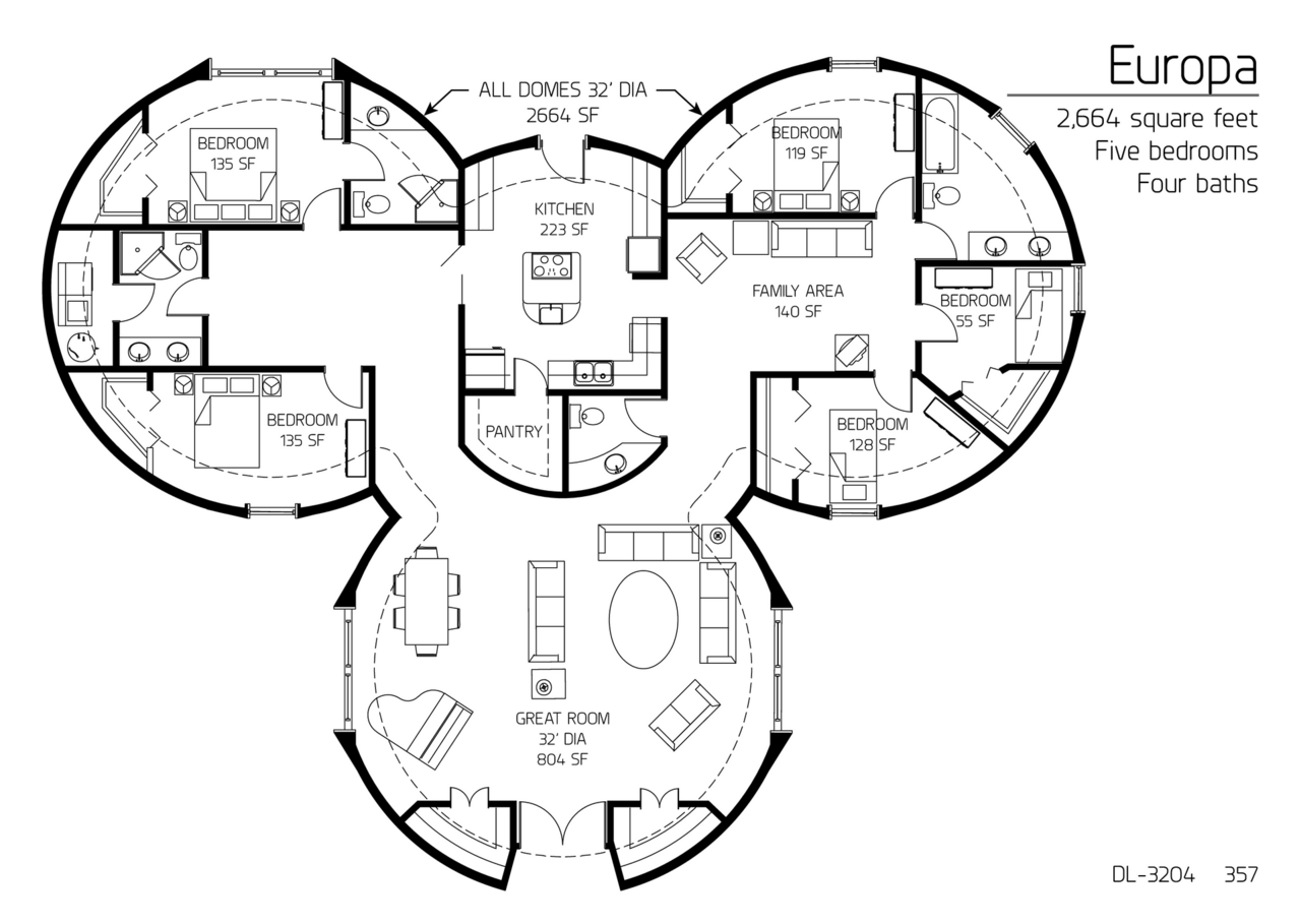 Europa: Four 32' Diameter Domes, 2664 SF, Five-Bedroom, Four-Bath Floor Plan.