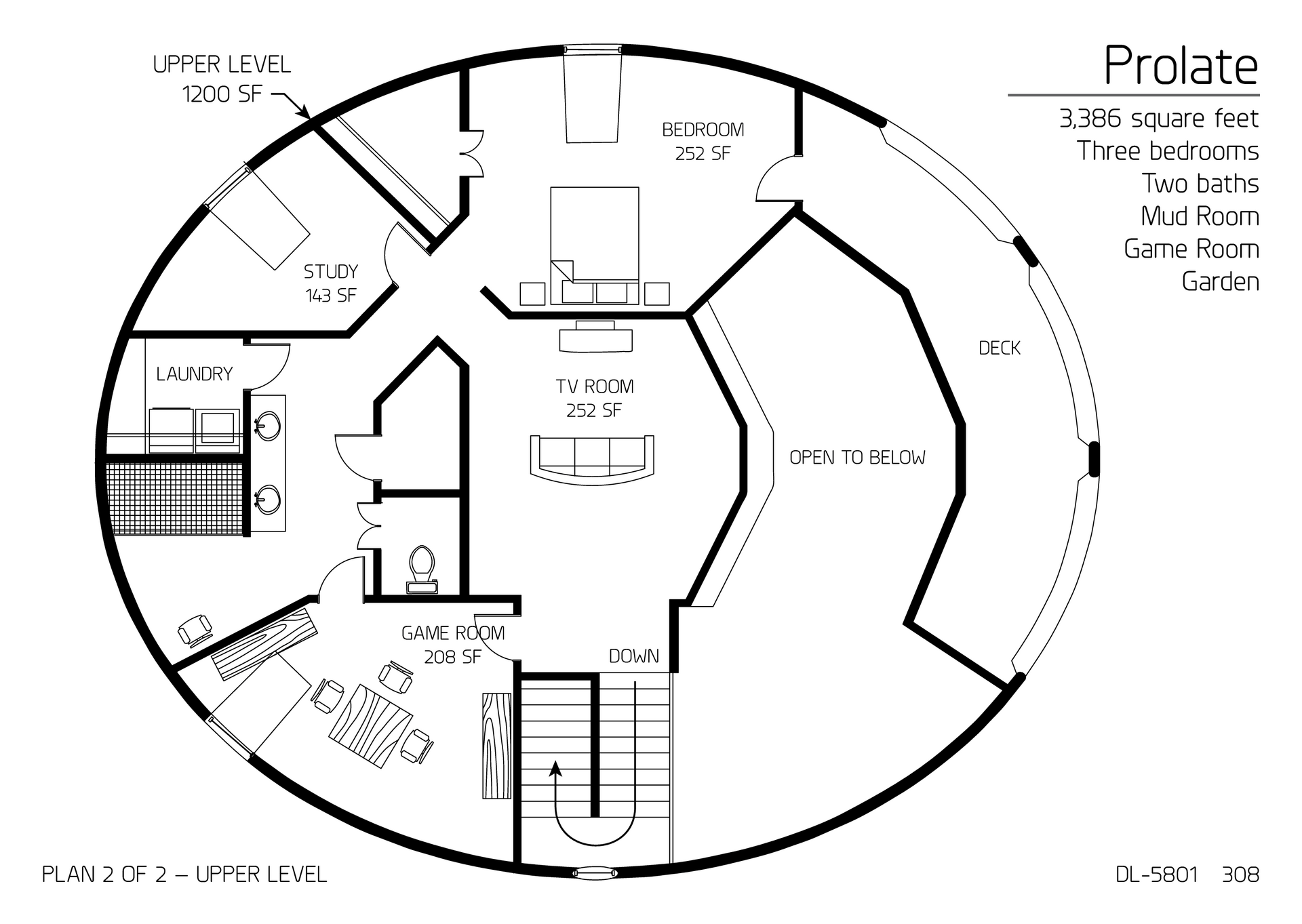 Prolate: Upper Floor of a 58'x48' Diameter, 3,386 SF, Three-Bedroom, Two-Bath Floor Plan.