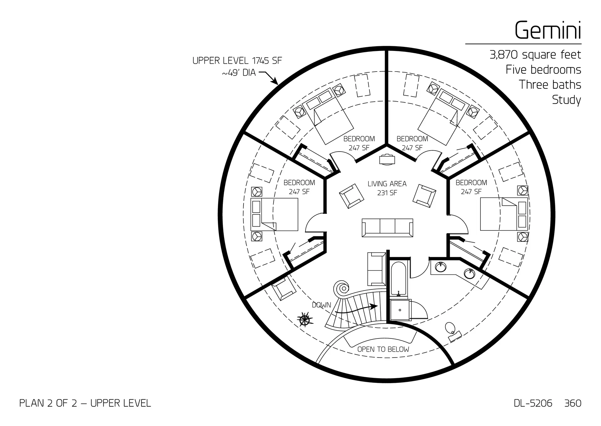 Gemini: Top Floor of a 46' Diameter Dome, 3,870 SF, Five-Bedroom, Three-Bath Floor Plan.