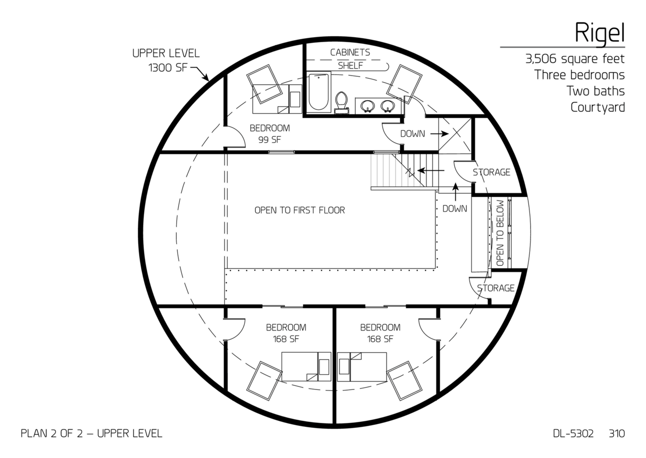 Rigel: Upper Floor of a 53' Diameter, 3,506 SF, Four Bedroom, Two Bath Floor Plan.