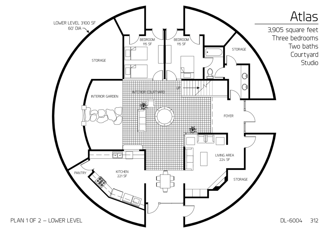 Atlas: Main Floor of a 60' Diameter, 3,905 SF, Three-Bedroom, Two-Bath Floor Plan.