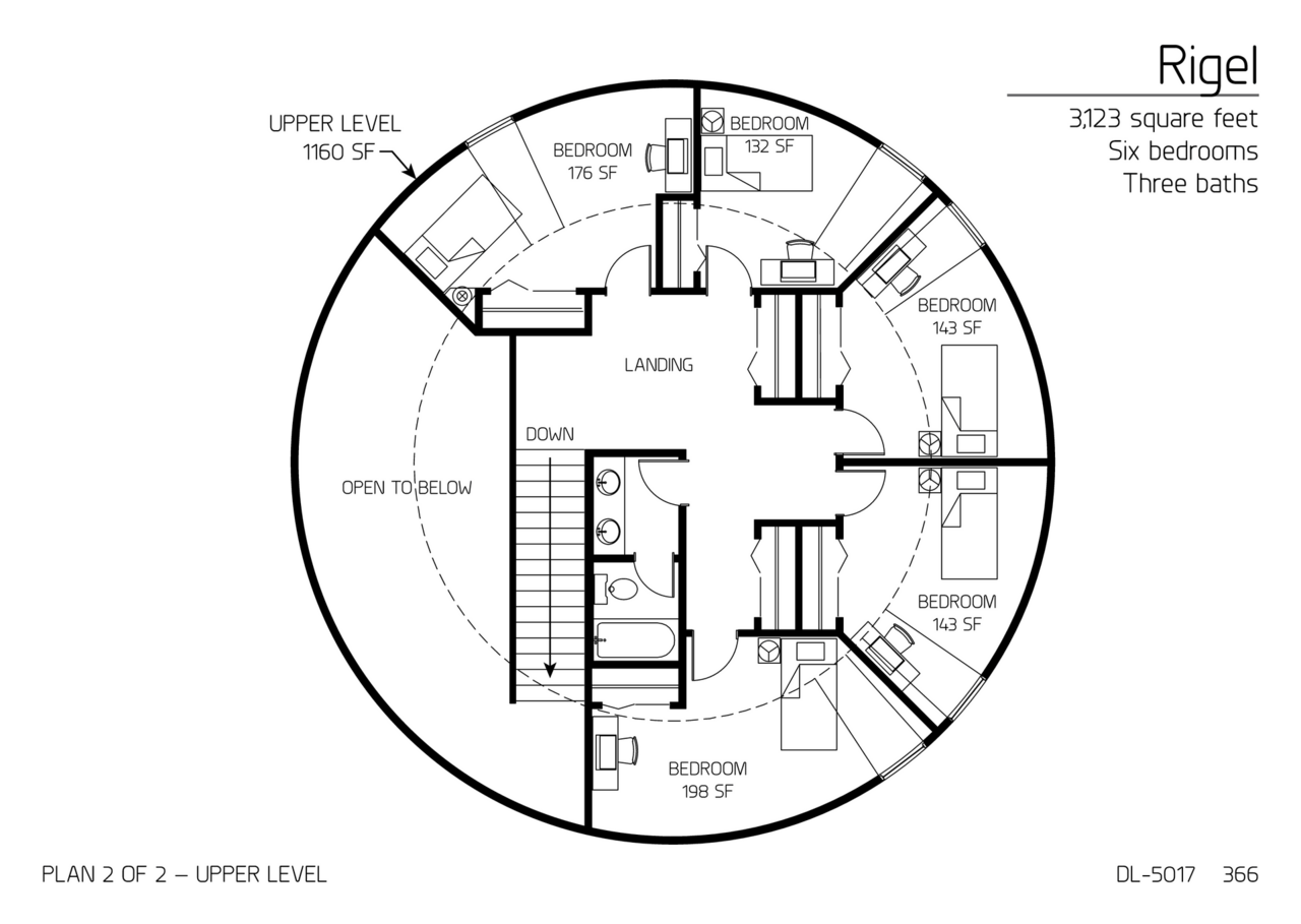 Rigel: Upper Floor of a 50' Diameter, 3,123 SF, Six-Bedroom, Three-Bath Floor Plan.