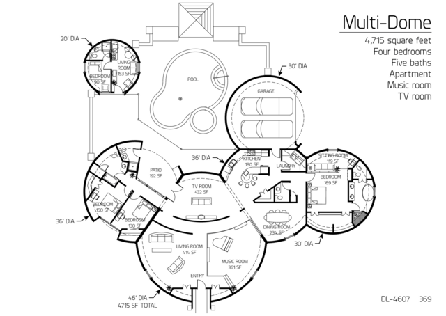 Multi-Dome: Six Domes with 4,715 SF, Four-Bedroom, Five Bath Floor Plan.