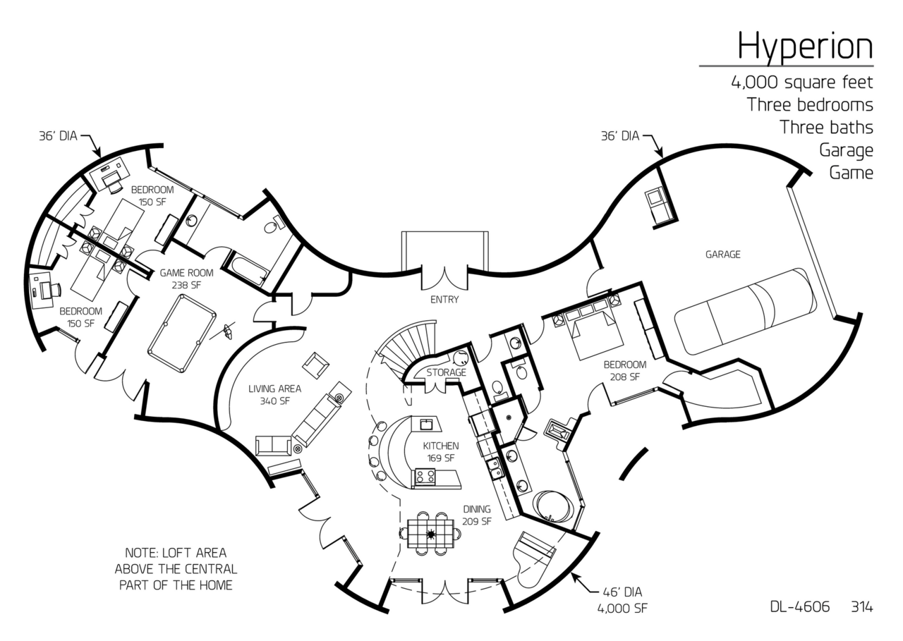 Hyperion: A 36', 46' and 36' Diameter Domed, 4,000 SF, Three-Bedrooms, Two and a Half-Bath Floor Plan.