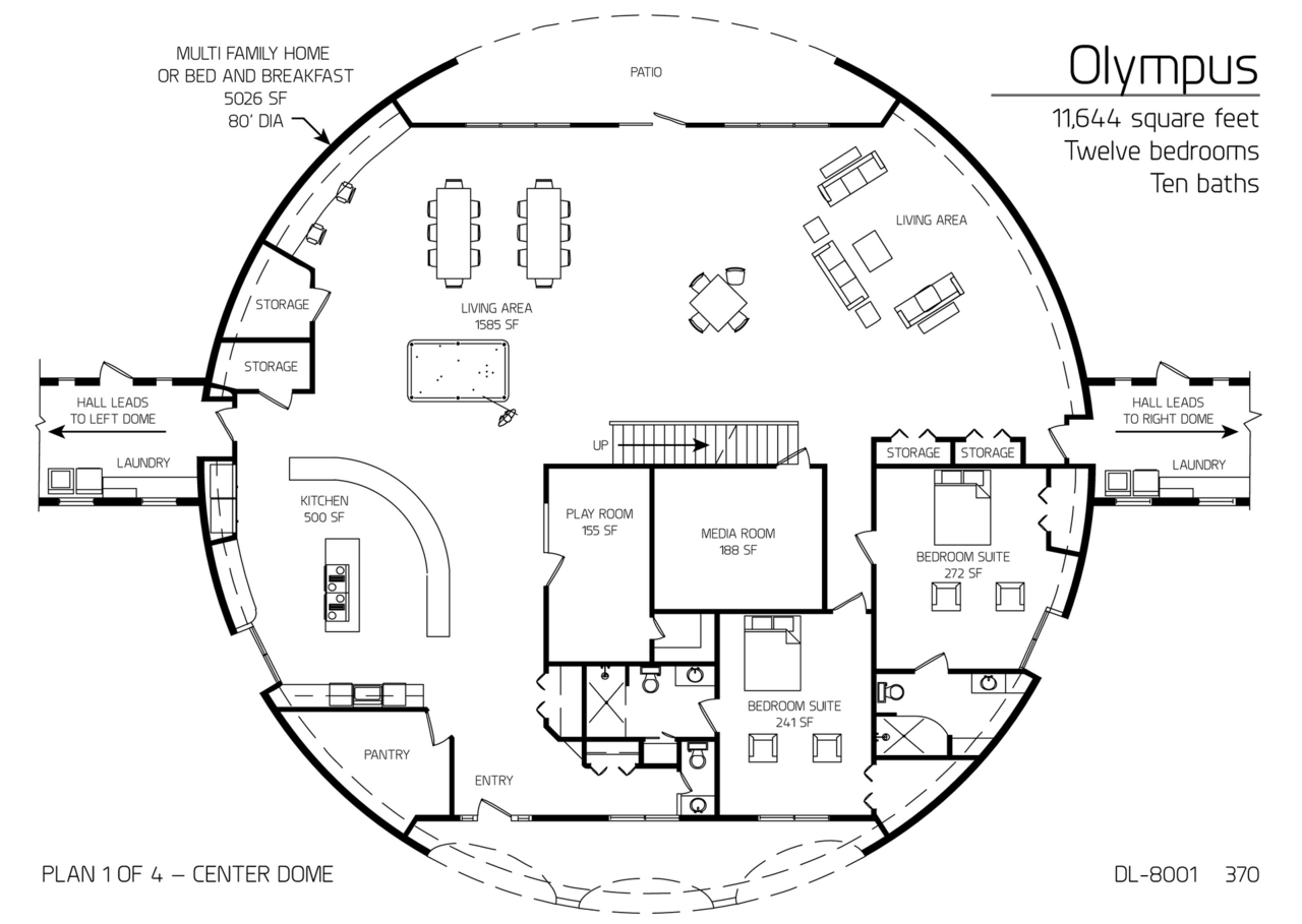 Olympus: Main Floor of an 80' Diameter Dome, Part of an 11,644 SF, Twelve-Bedroom, 10-Bath Floor Plan.