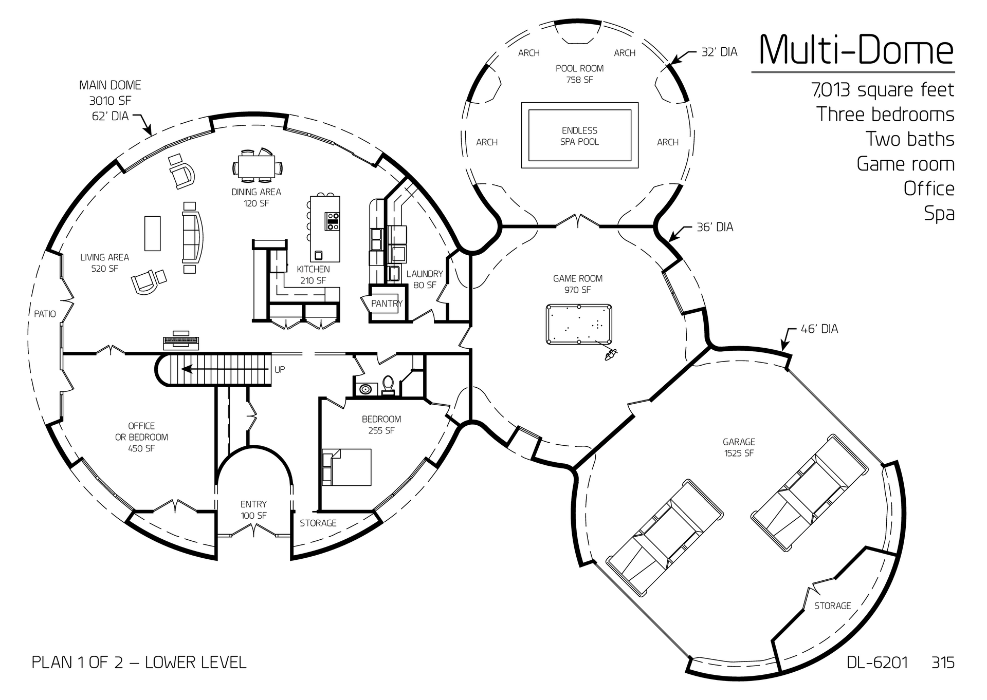 Multi-Dome: Main Floor of 62', 32', 36' and 46' Diameter Domed, 7,013 SF, Three-Bedroom, Two-Bath Floor Plan.
