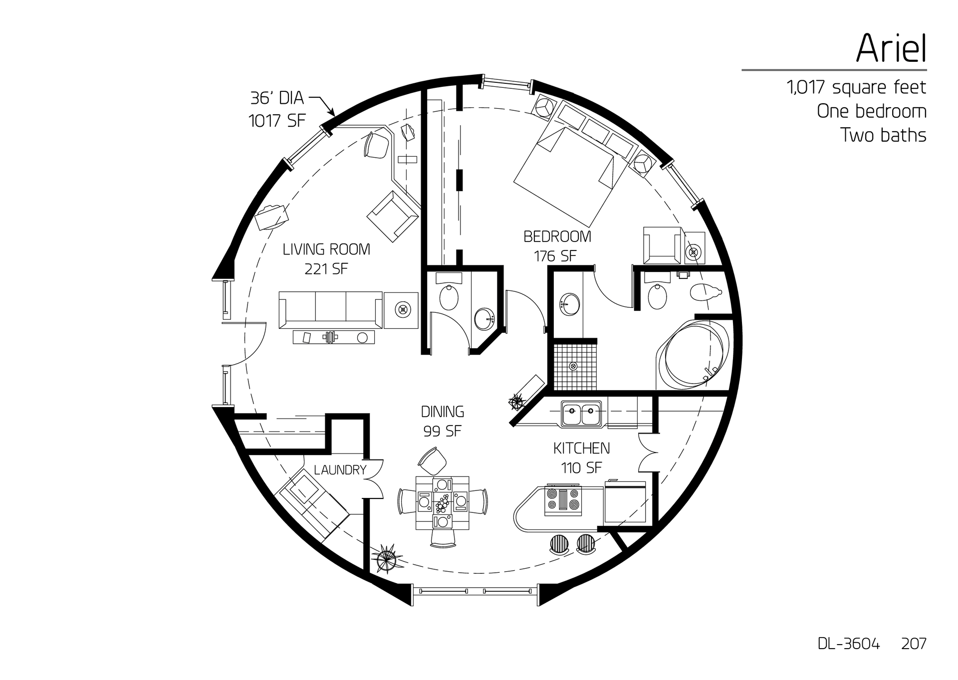 Ariel: A 36' diameter, 1,017 SF, One-bedroom, One and a Half-Bath Floor Plan.