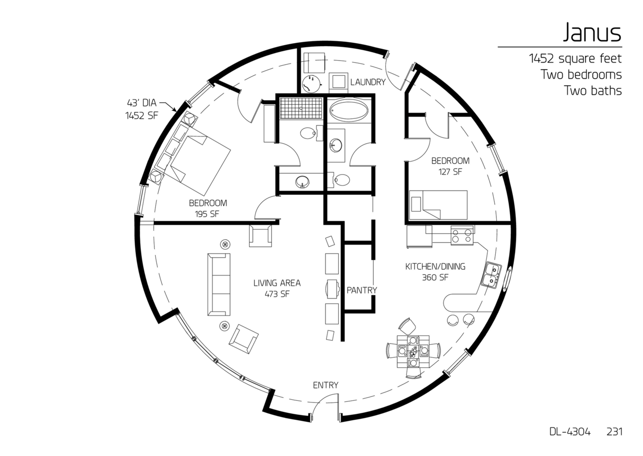 Janus: A 42' Diameter, 1,452 SF,  Two-Bedroom, Two-Bath Floor Plan.