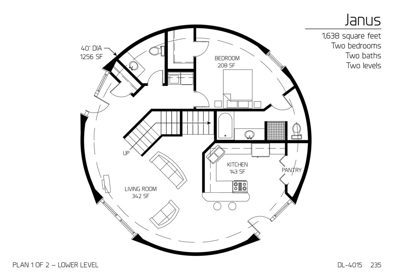 Janus: Main Floor of a 35' Diameter, 1,638 SF,  Two-Bedroom, One and a Half-Bath Floor Plan.