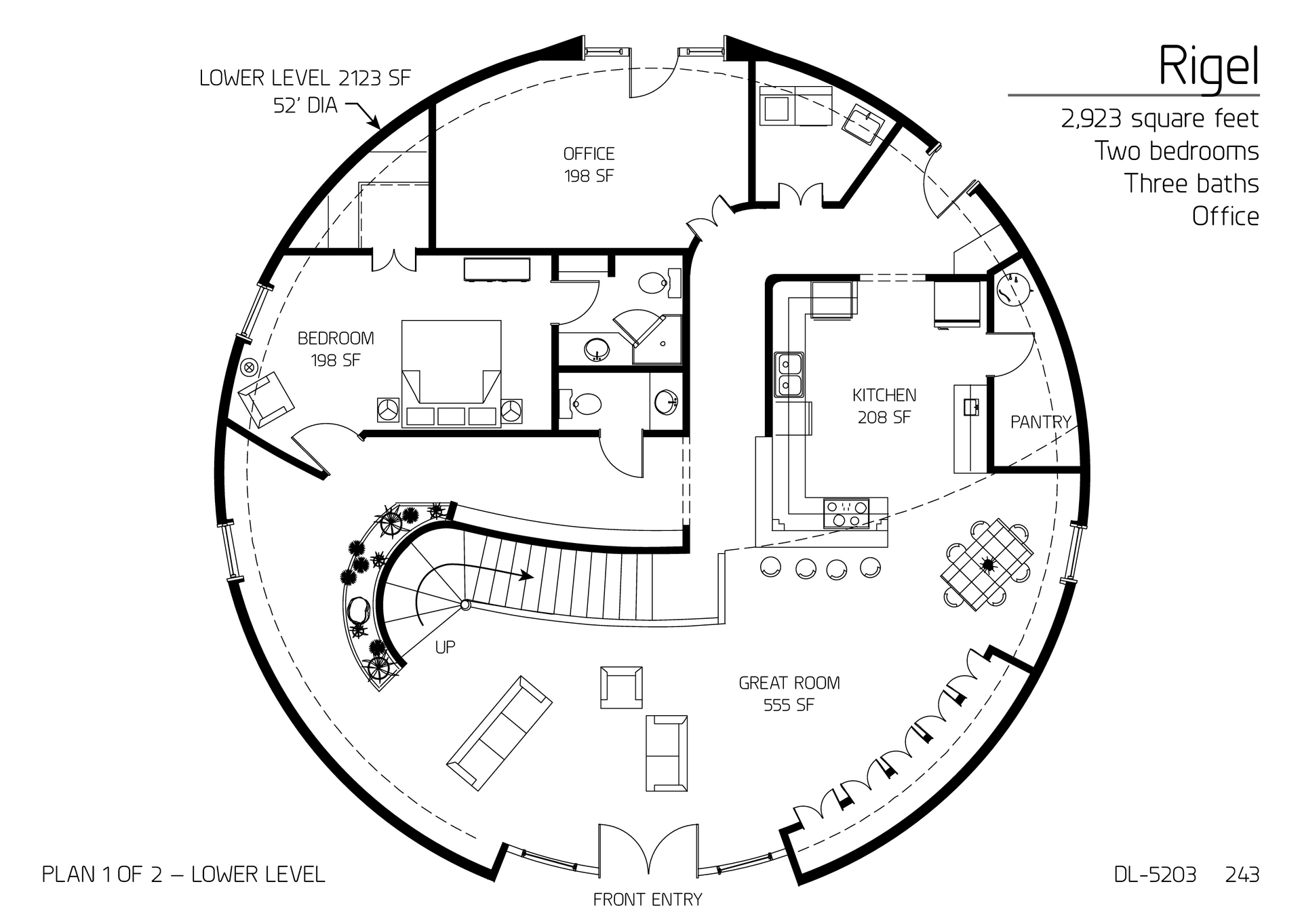 Rigel: Main floor of a 52' Diameter, 2,923 SF, Two-Bedroom, Two and a Half-Bath Floor Plan.