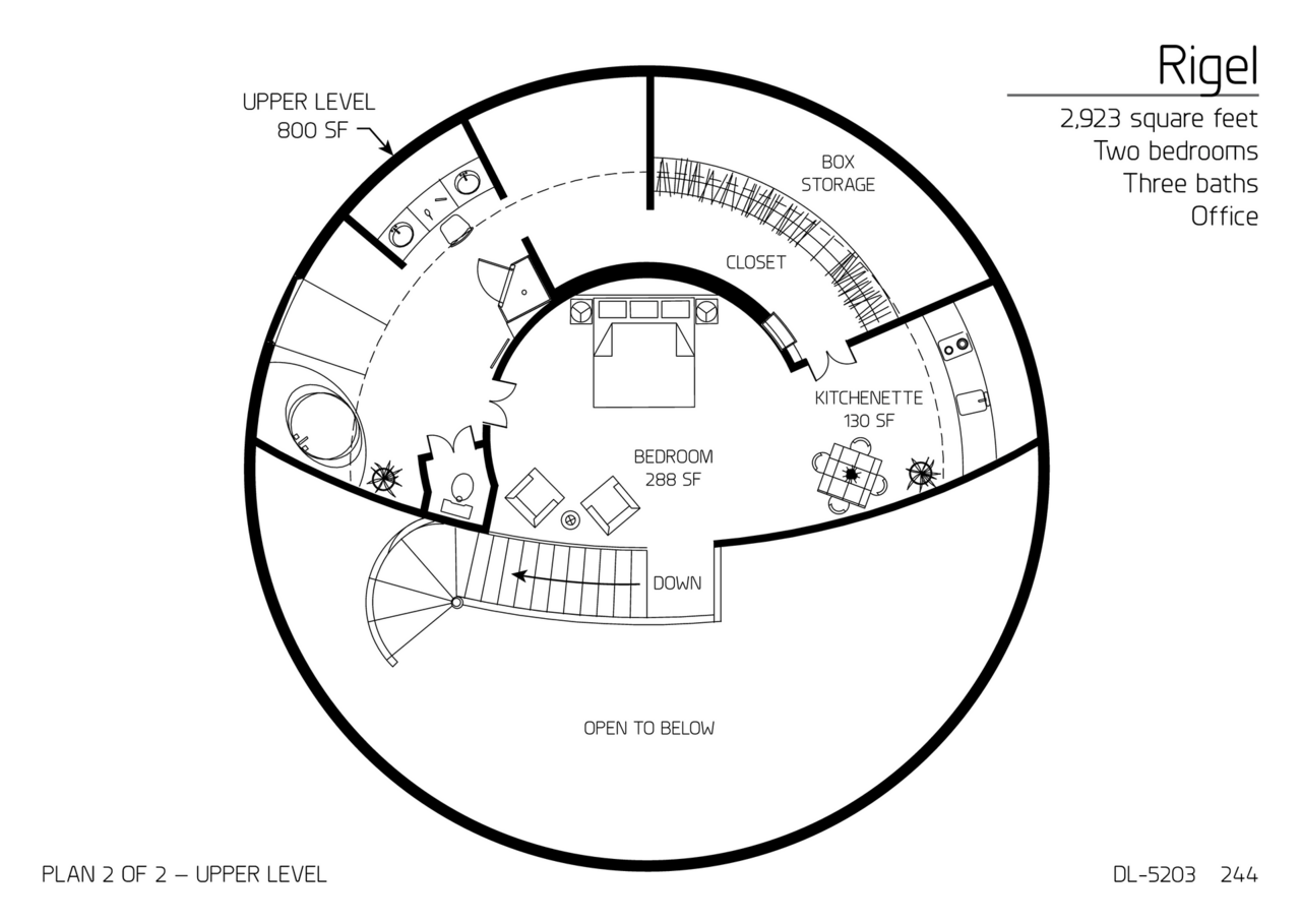 Rigel: Top Floor of a 52' Diameter, 2,923 SF, Two-Bedroom, Two and a Half-Bath Floor Plan.