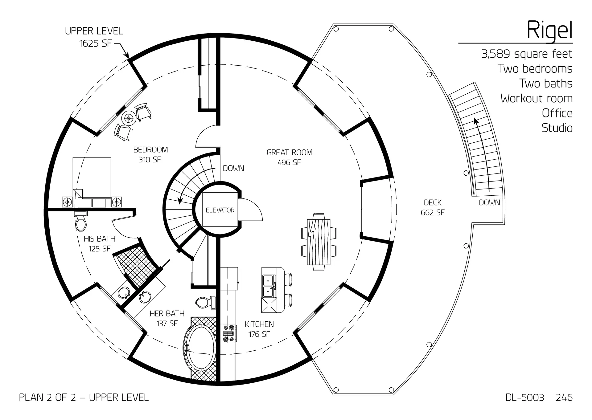Rigel: Upper Floor of a 50' Diameter, 3,589 SF, Two-Bedroom, Three-Bath Floor Plan.