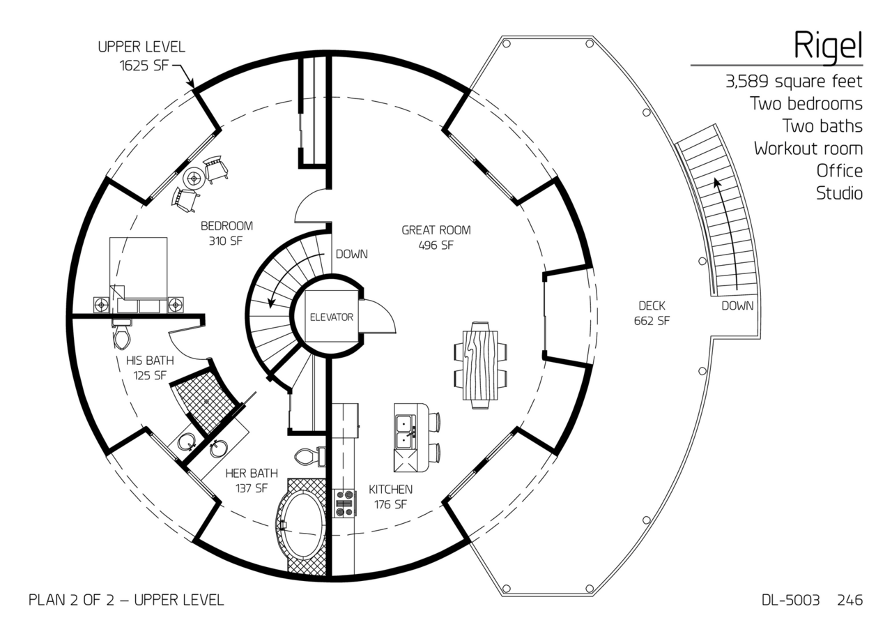 Rigel: Upper Floor of a 50' Diameter, 3,589 SF, Two-Bedroom, Three-Bath Floor Plan.