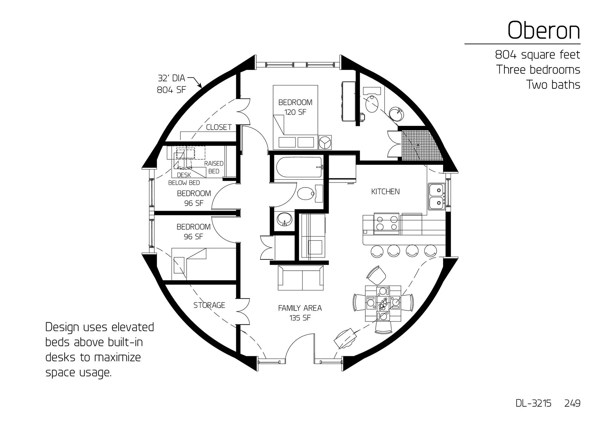 Oberon: 32' Diameter, 804 SF, Three-Bedroom, Two-Bath Floor Plan.