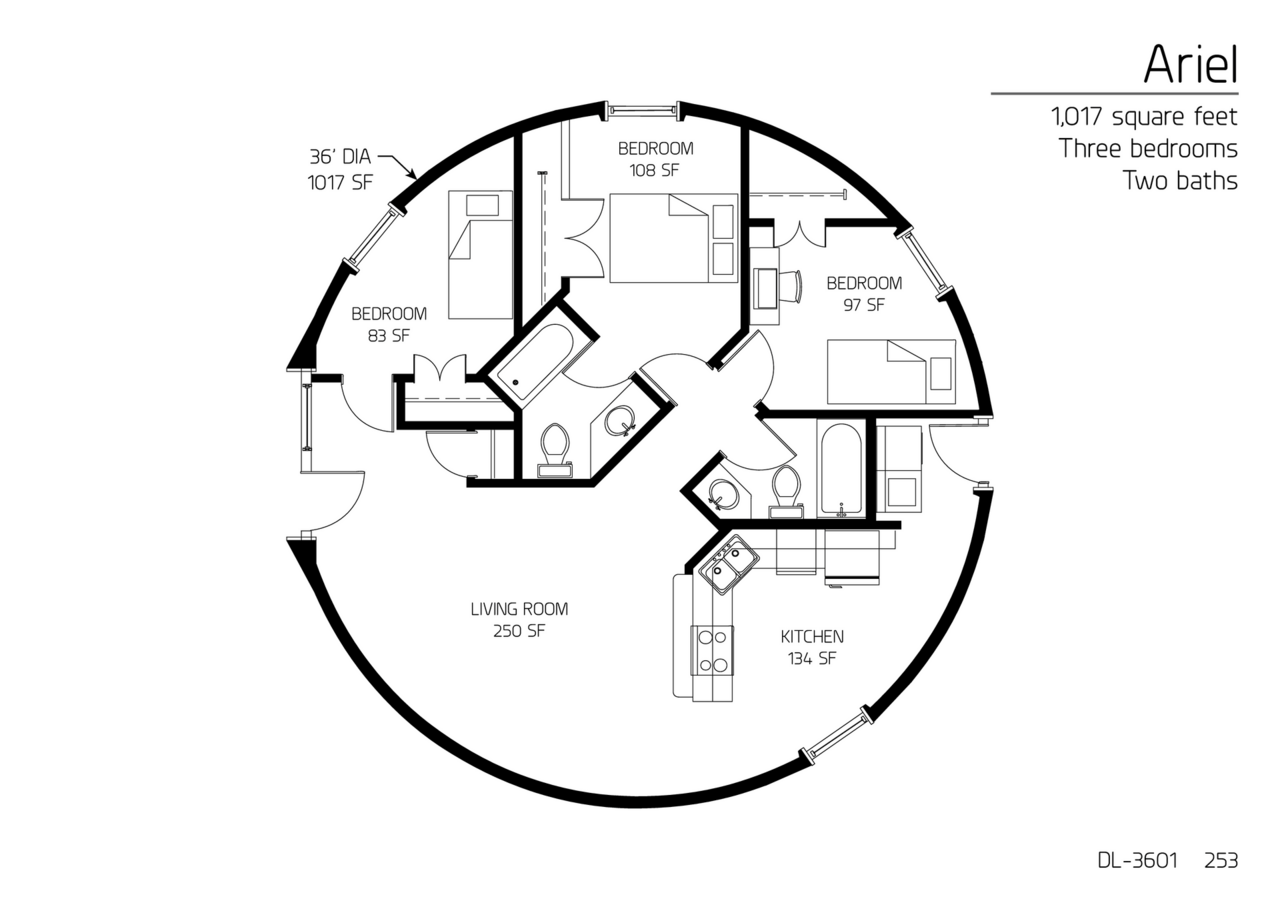 Ariel: 36' Diameter, 1,017 SF, Three-Bedroom, Two-Bath Floor Plan.
