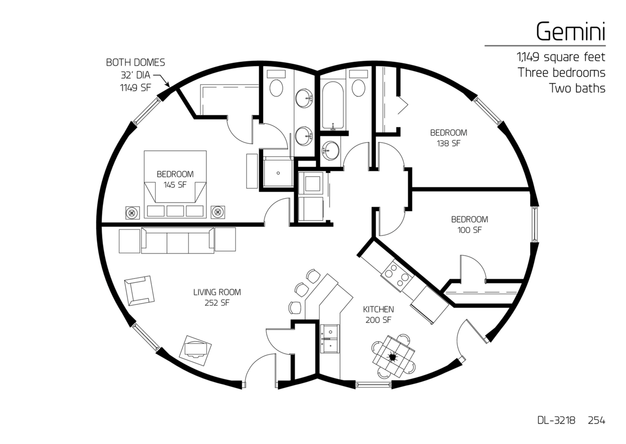 Gemini: 32' Diameter Double Domed, 1149 SF, Three-Bedroom, Two-Bath Floor Plan.
