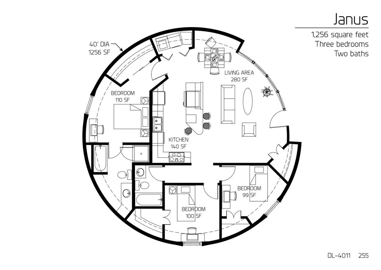 Janus: 40' Diameter, 1,256 SF, Three-Bedroom, Two-Bath Floor Plan.