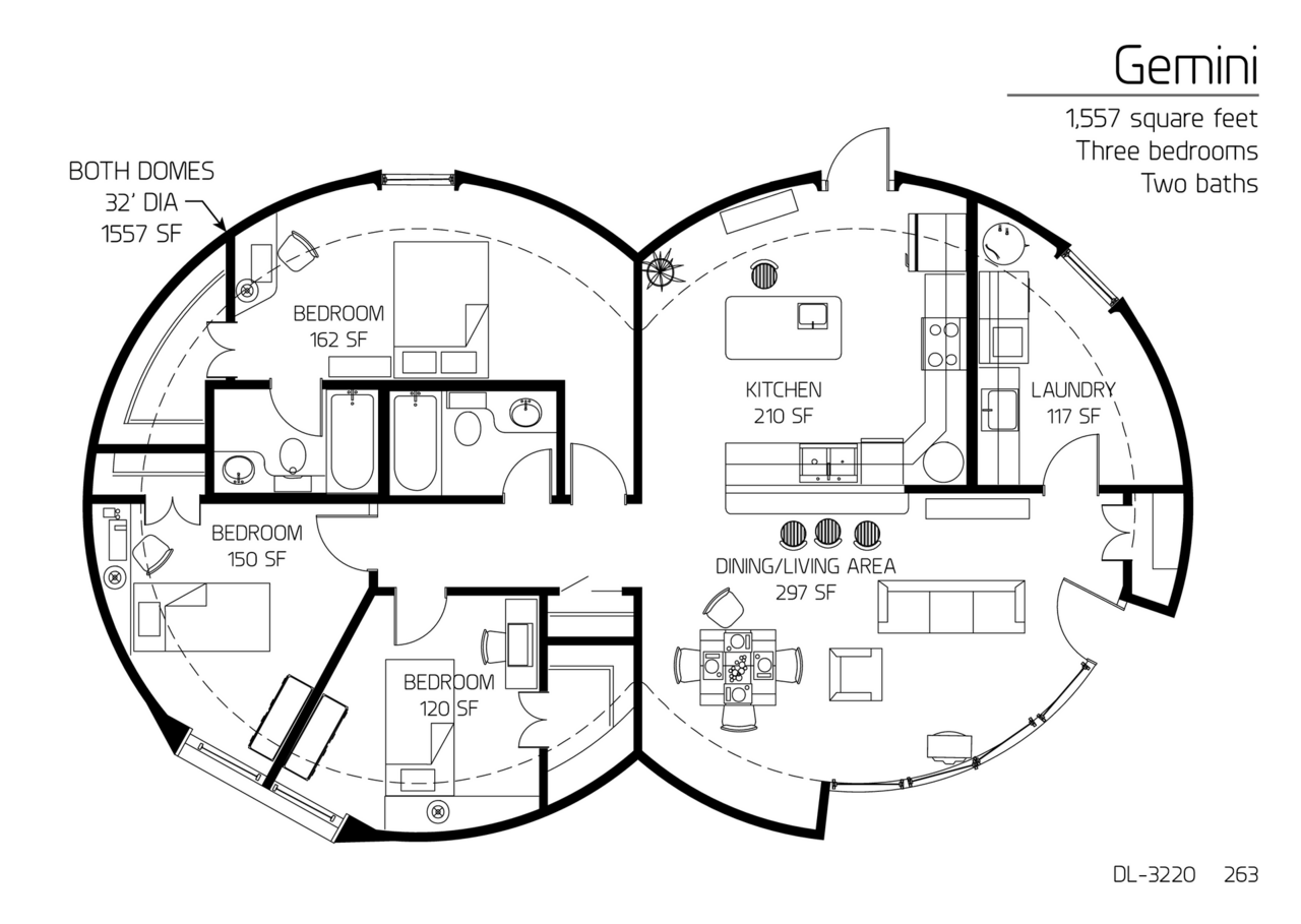 Gemini: Two Interconnected 32' Diameter Domes, 1,557 SF, Three-Bedroom, Two-Bath Floor Plan.
