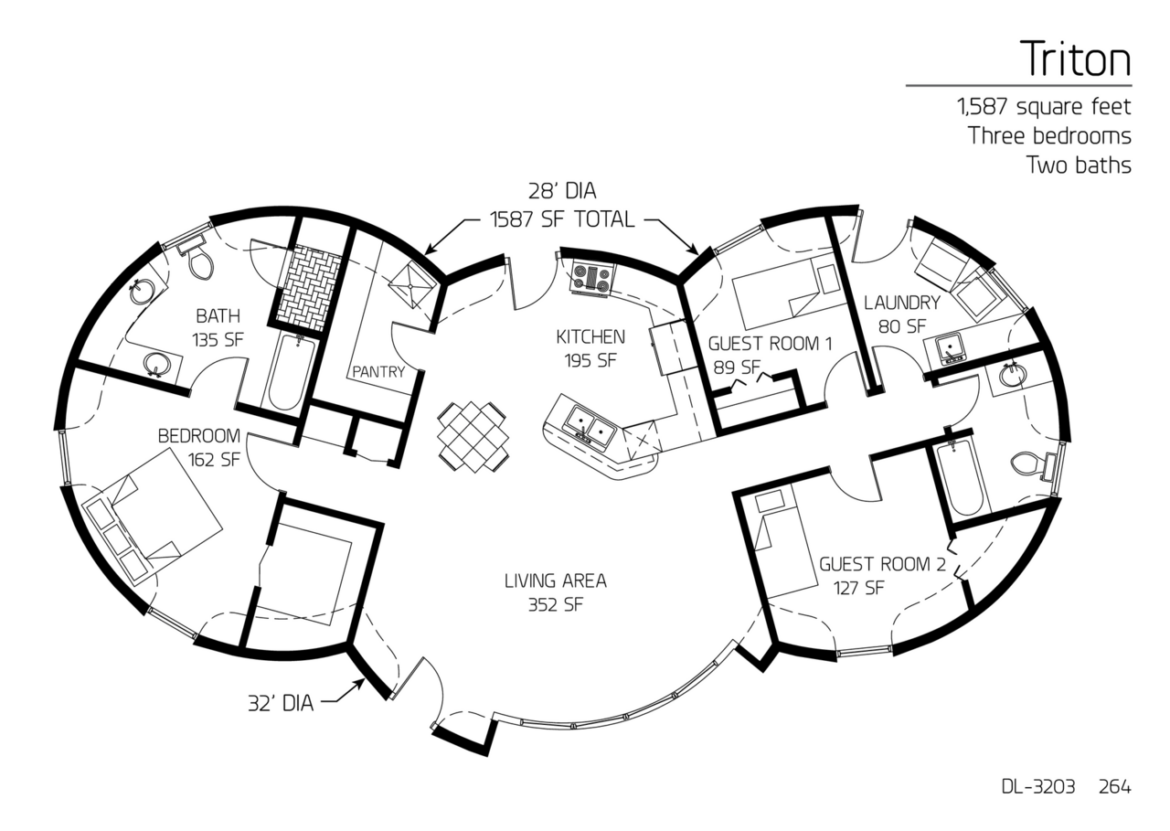 Triton: Three 28' Diameter Domed, 1,587 SF, Three-Bedroom, Two-Bath Floor Plan.