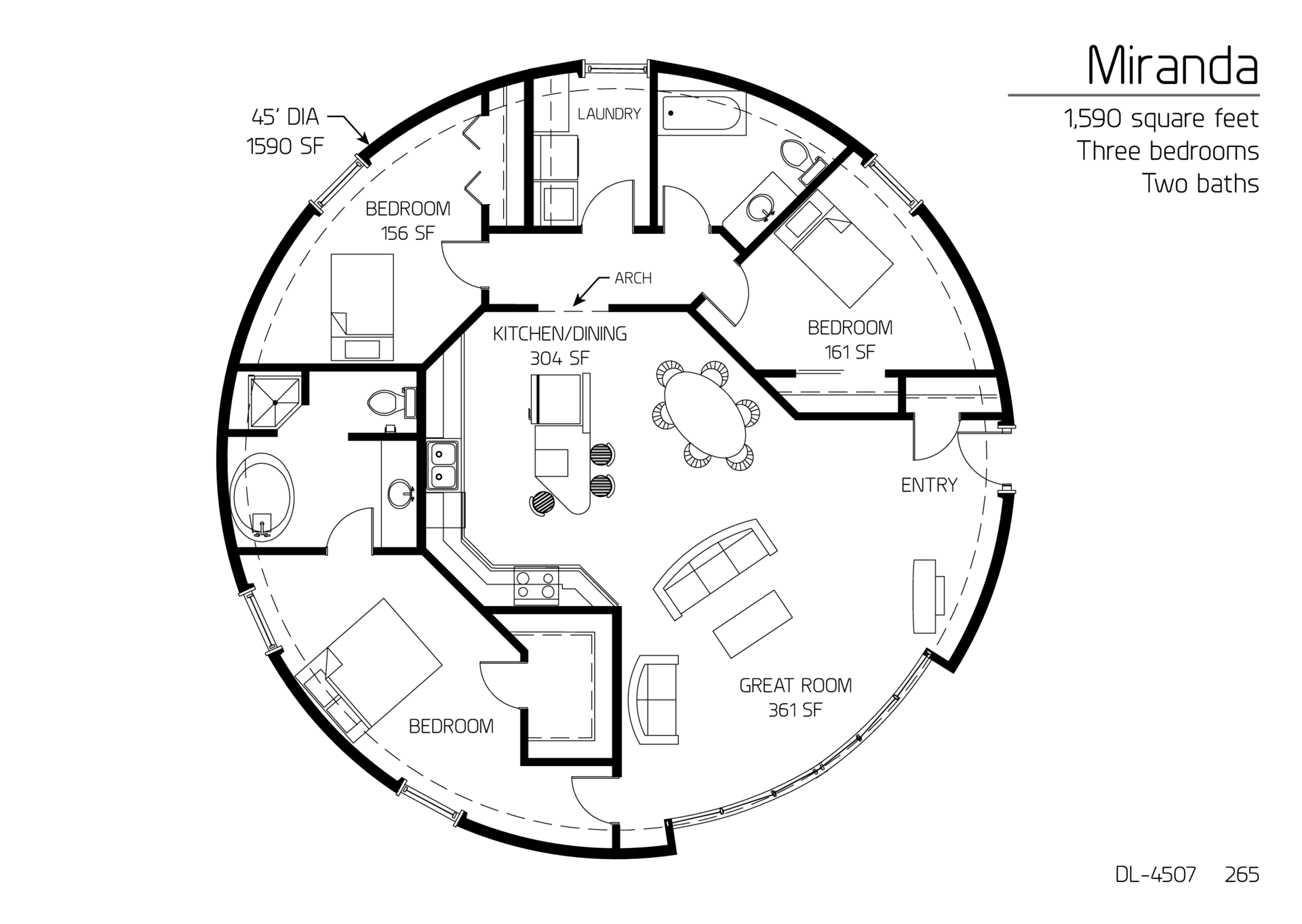 Miranda: 45' Diameter, 1,590 SF, Three-Bedroom, Two-Bath Floor Plan.
