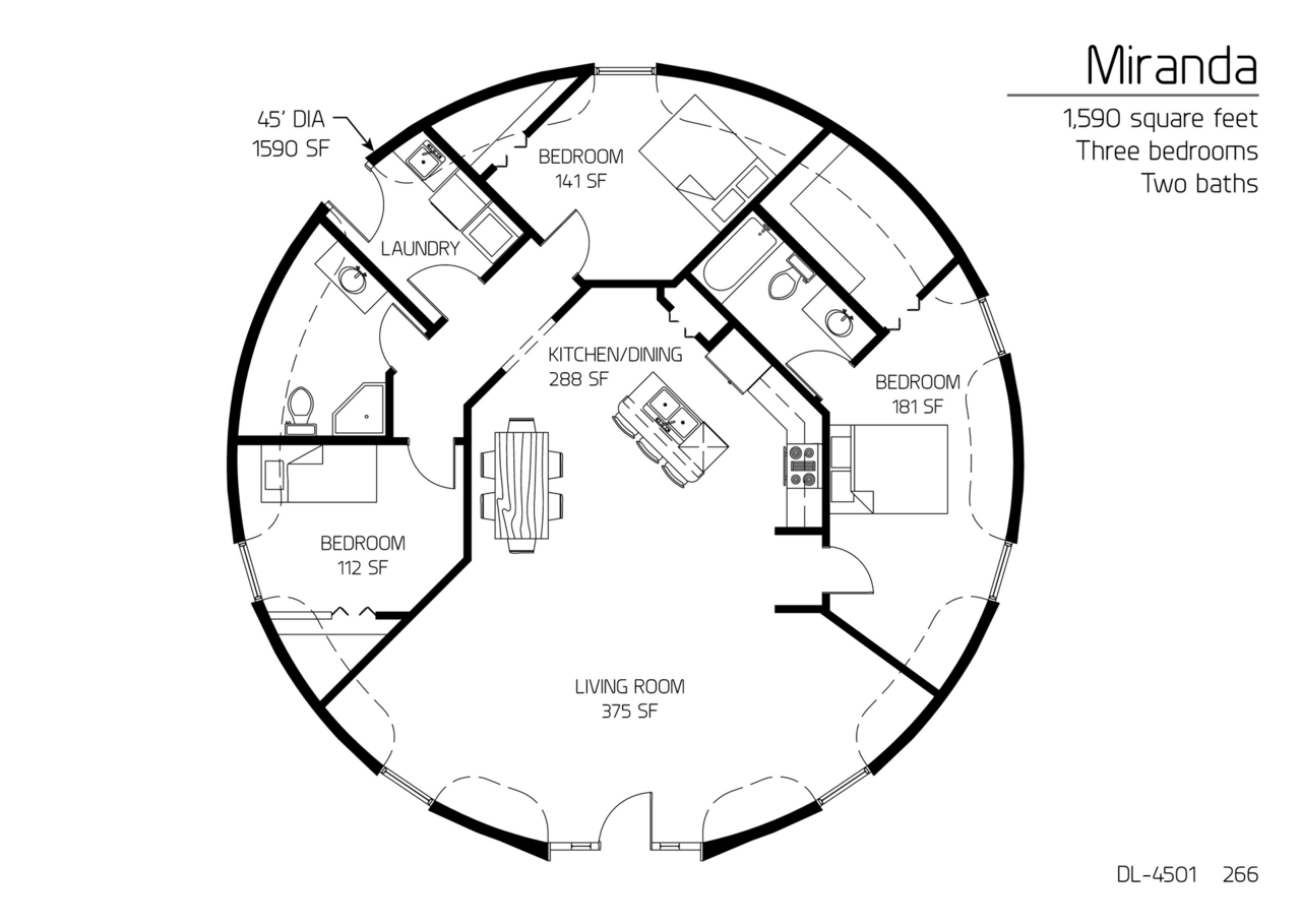 Miranda: A 45' Diameter, 1,590 SF, Three-Bedrooms, Two-Baths Floor Plan.