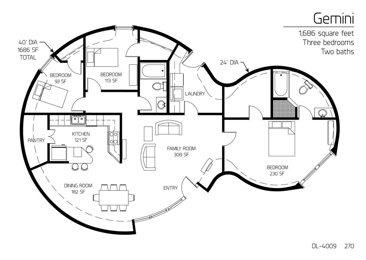Gemini:  A 40' and 24' Diameter Double Dome, 1,686 SF, Three-Bedroom, Two-Bath Floor Plan.