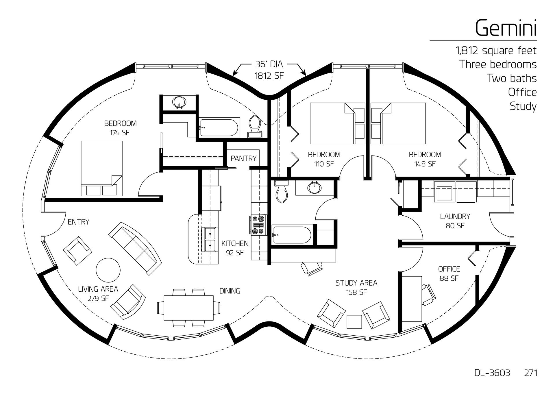 Gemini: A Two 36' Diameter Double Dome, 1,812 SF, Three-Bedroom, Two-Bath Floor Plan.