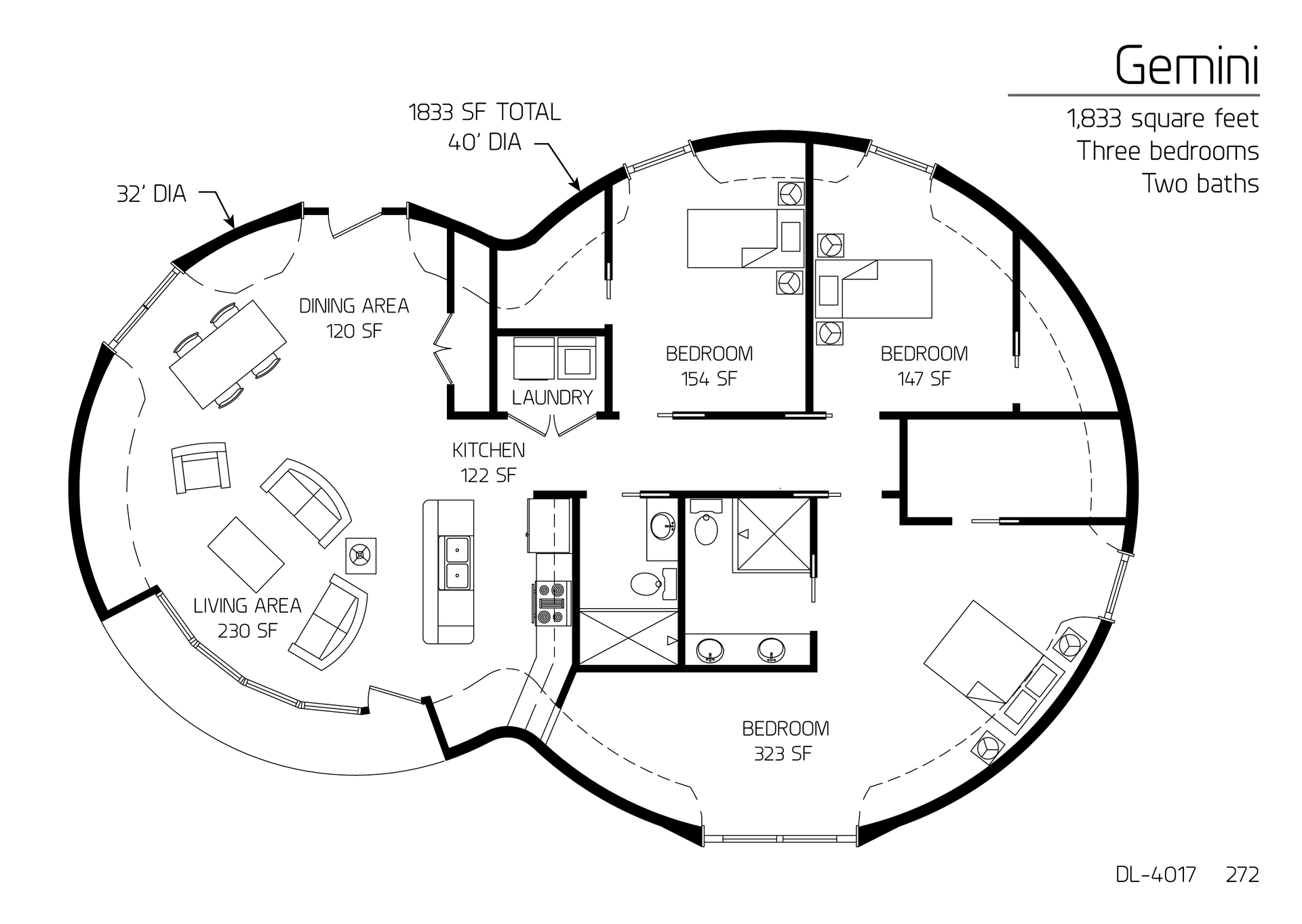 Gemini: A 32' and 40' Double Domed, 1,833 SF, Three-Bedrooms, Two-Baths.