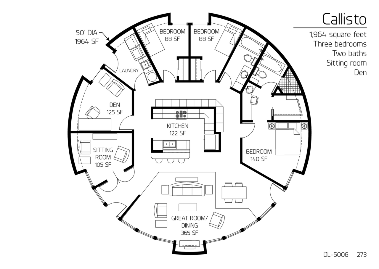 Callisto: A 50' Diameter, 1,964 SF, Three-Bedroom, Two-Bath Floor Plan.
