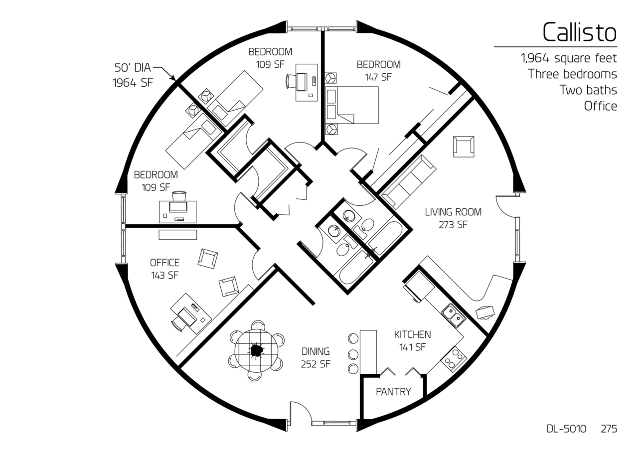 Callisto: 50' Diameter, 1,964 SF, Three-Bedroom, Two-Bath Floor Plan.