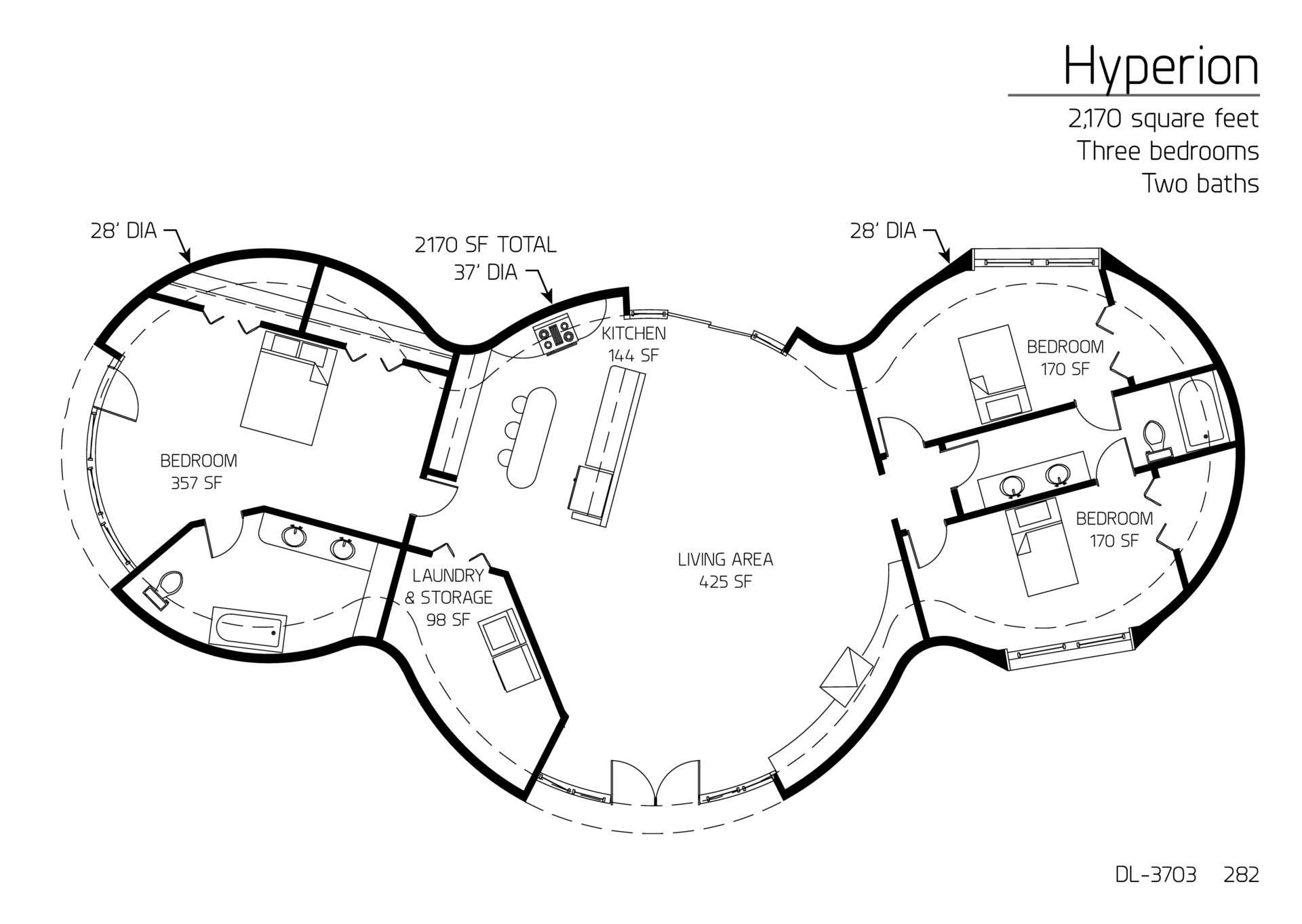 Hyperion: 28', 37' and 28' Diameter Domes, 2,170 SF, Three-Bedrooms, Two Baths Floor Plan.