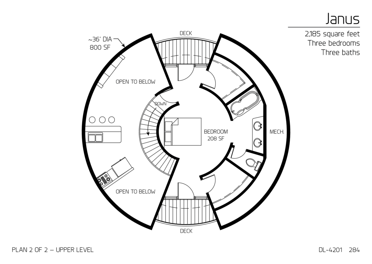 Janus: Upper Floor of a 45' Diameter, 2,185 SF, Three-Bedroom, Two-Bath Floor Plan.