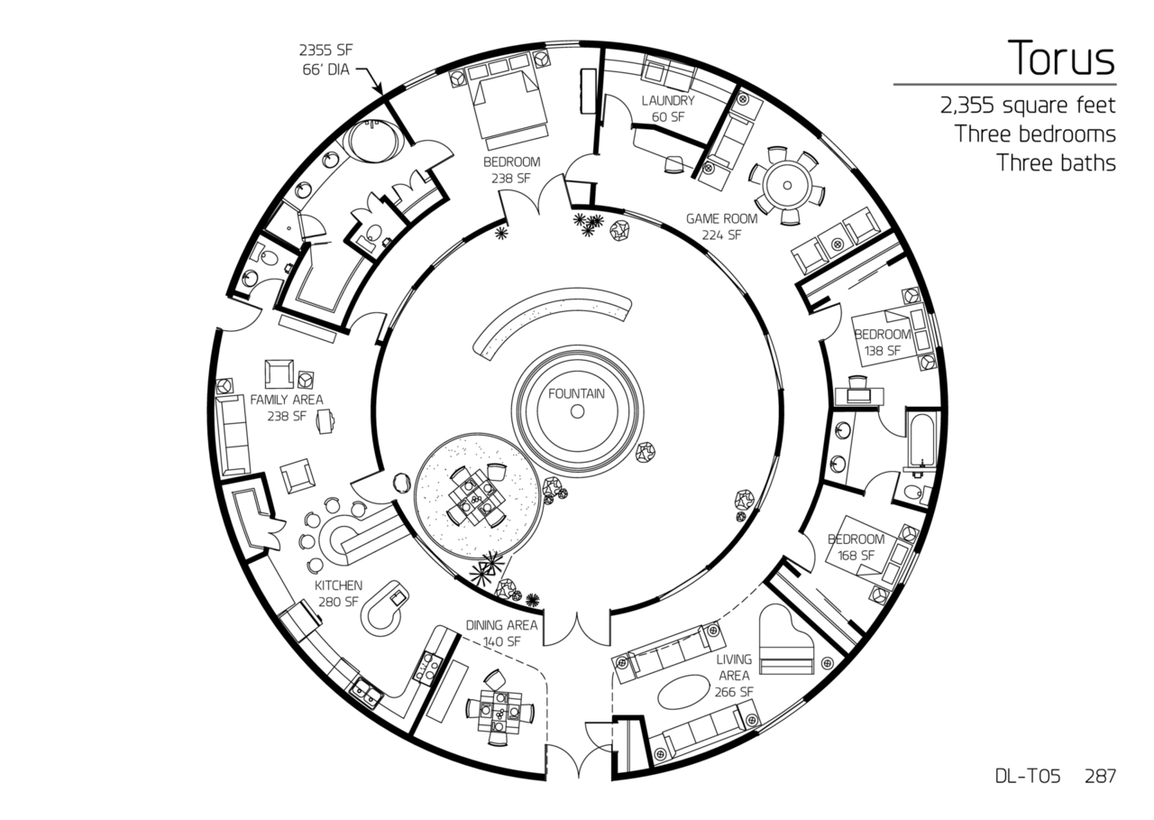 Torus: A 66' Diameter, 2,355 SF, Three-Bedrooms, Two and a Half-Bath Floor Plan.