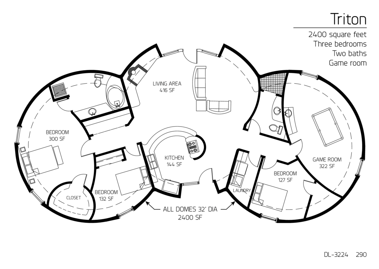 Triton: A 32' Diameter Triple Domed, 2,400 SF, Three-Bedroom, Two-Bath Floor Plan.