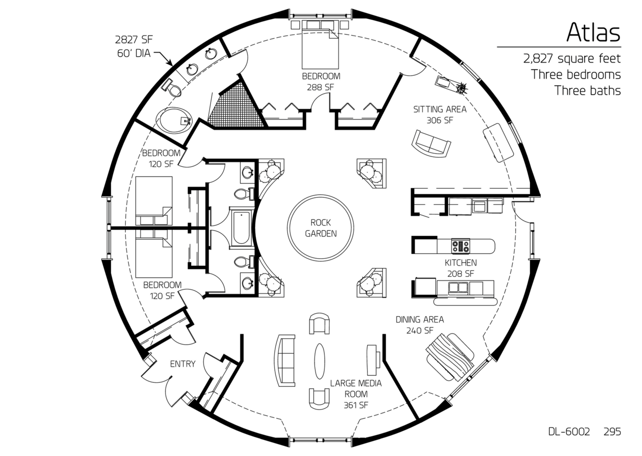 Orion: A 60' diameter, 2,827 SF, Three-Bedroom, Two and a Half-Bath Floor Plan.
