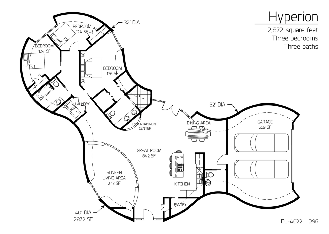 Hyperion: A 32', 40' and 32' Diameter Triple Domed, Three-Bedroom, Two and a Half-Bath Floor Plan.