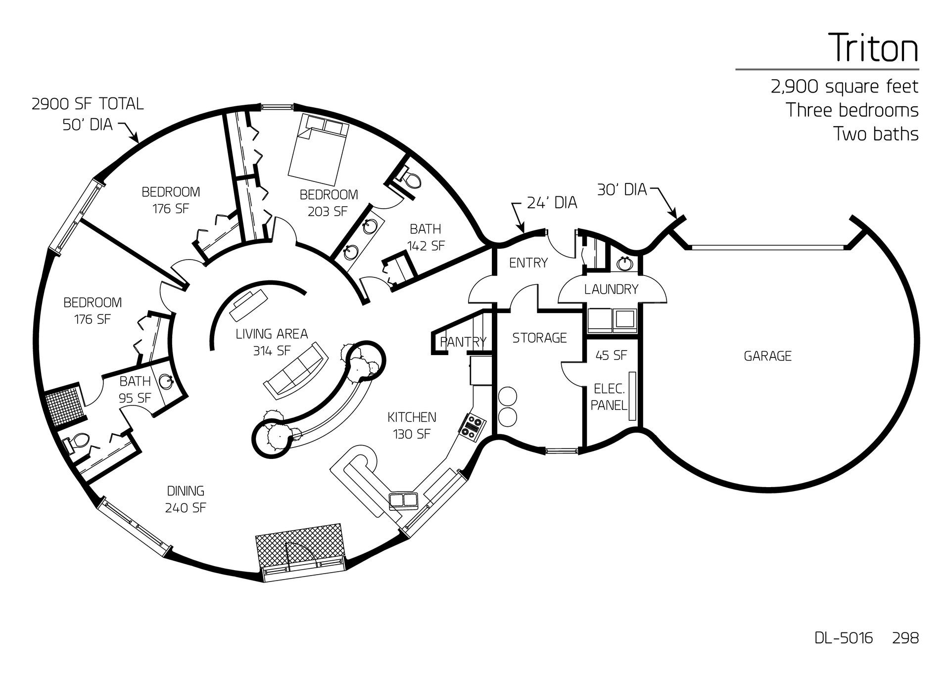 Triton: A 30', 24' and 50' Diameter Dome, Three-Bedroom, Two Bath, Garage Floor Plan.