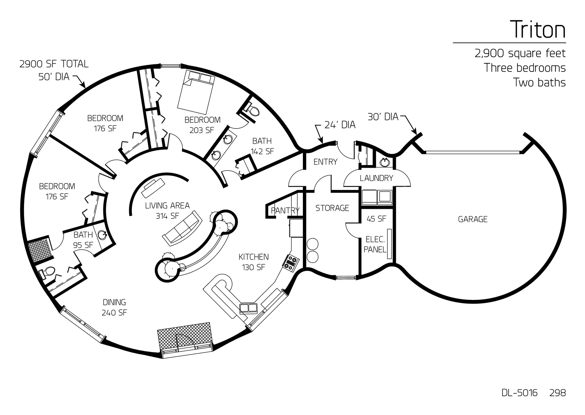 Triton: A 30', 24' and 50' Diameter Dome, Three-Bedroom, Two Bath, Garage Floor Plan.