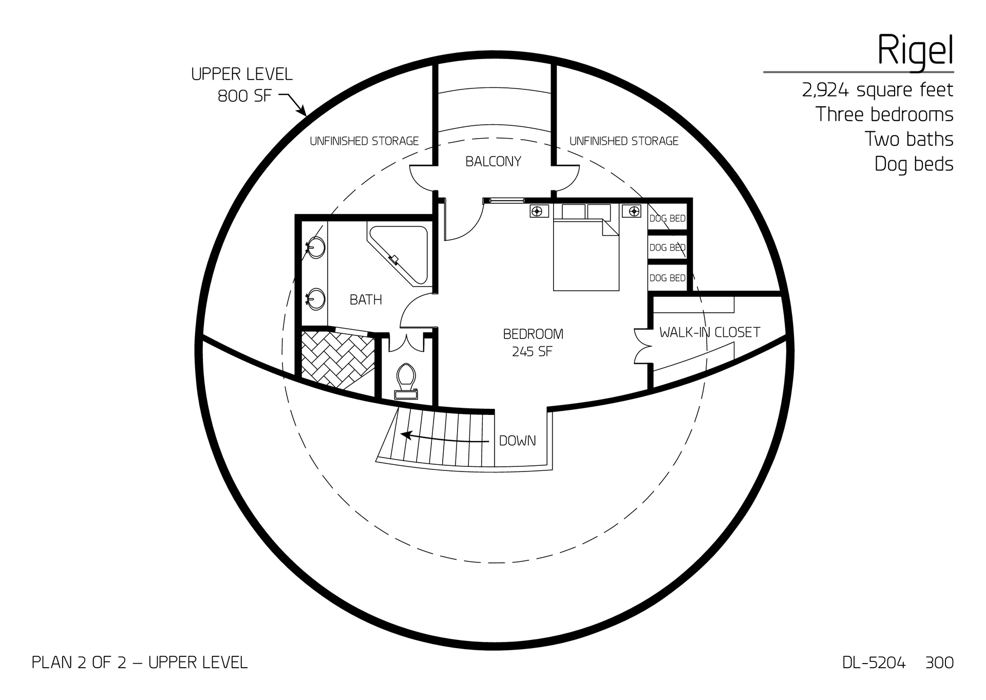 Rigel: Upper Floor of 52' Diameter, 2,924 SF, Three-Bedroom, Two-Bath Floor Plan.