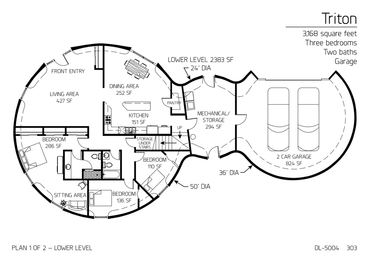 Triton: Main Floor of a 36', 24' and 50' Domed, Three Bedroom, Two-Bath with Garage Floor Plan.